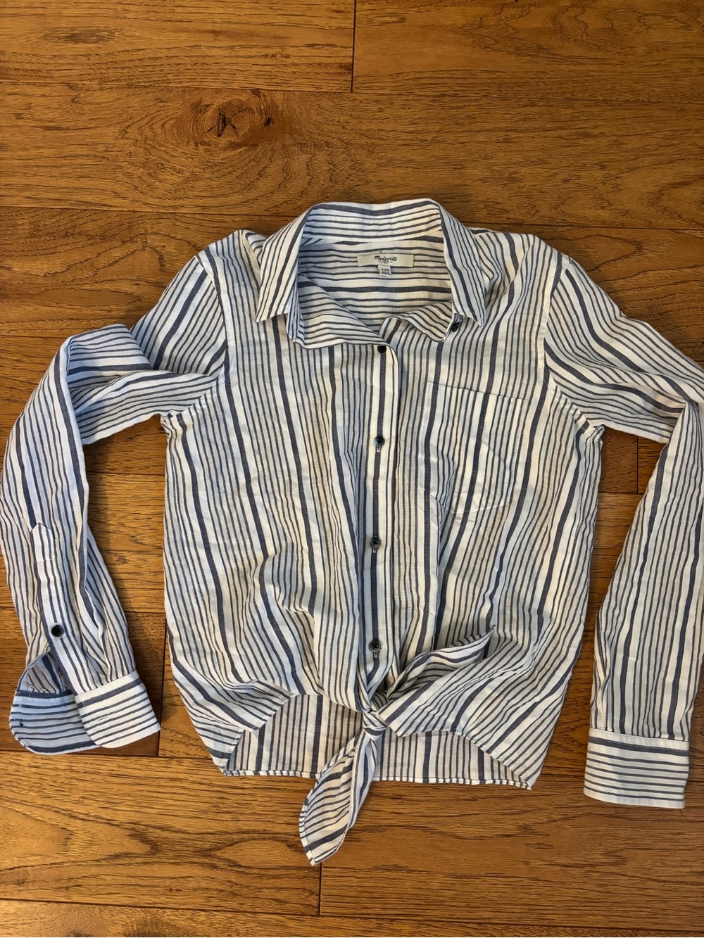 Madewell Blue and White Striped Button-Down Tie Front Shirt